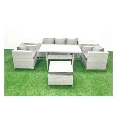 Fimous Garden Dining Set Outdoor Rattan Furniture Set with Sofa Dining Table Chairs Big Footstoo