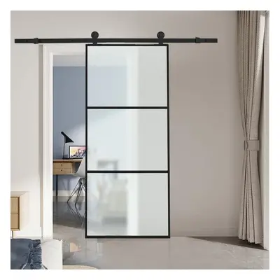 (3*Frosted Glass Panels) Glass Black Barn Door with Sliding Hardware Kit