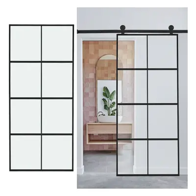 (4*Clear Glass Panels #2) Glass Black Barn Door with Sliding Hardware Kit