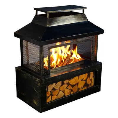 Neo Black Outdoor Fire Pit Log Burner With Mesh Surround and Storage