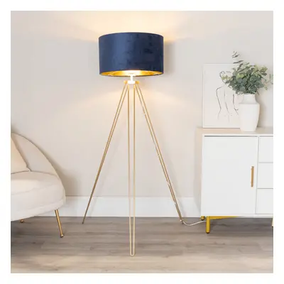 ValueLights Aero Navy Velvet & Gold Shade Hairpin Gold Floor Lamp