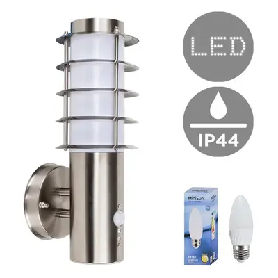 Modern Outdoor Decorative PIR Sensor Stainless Steel Wall Light Lantern - Complete with a 4w LED