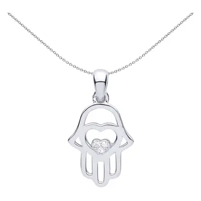 Jewelco London Ladies Sterling Silver Cubic zirconia Hamsa Love Heart Charm Necklace inch - GVP4