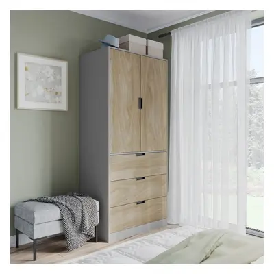 (Grey, Oak) 180cm Modern Wardrobe Door with Drawer Storage and Hanging Rail Bedroom Furniture