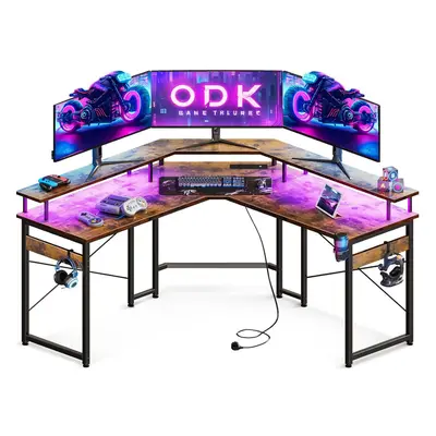 (ODK Gaming Desk with LED Lights, Corner Gaming Desk with Sockets and USB Charging Ports, Shaped