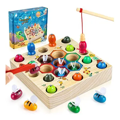 Wooden Fishing Game Toys Gifts for 3 Year Old Boy Girl 2in1 Magnetic Fishing Game Wooden Toy Mon