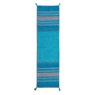 (Teal, Hallway Runner : x cm) Kelim Multi Coloured Rugs Cotton Eco Friendly Handmade Flatweave R