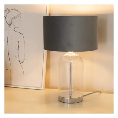 ValueLights Jessy Grey Velvet & Chrome Shade Glass & Silver Table Lamp & Bulb