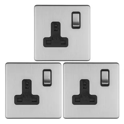 3 PACK Gang DP 13A Switched UK Plug Socket SCREWLESS SATIN STEEL Wall Power