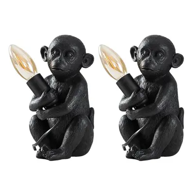 Pair of - Modern Matt Black Painted Baby Monkey Design Table Lamps