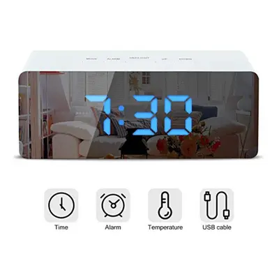 (Blue) Creative Mirror Alarm Clock LED Digital Display Multifunctional Battery Plug-in Dual-use 