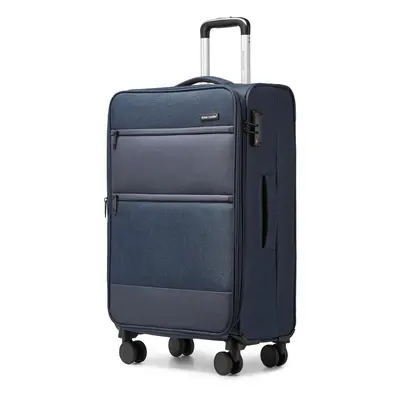 (Navy, inch) 20/24/28 inch Polyester and Leather Soft Shell Luggage With TSA Lock