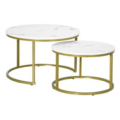 HOMCOM Marble Coffee Table Set of 2, Round Nest of Tables for Living Room