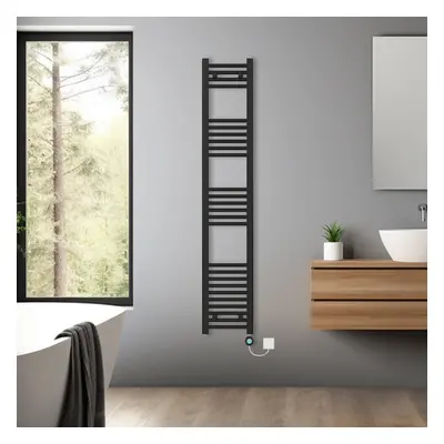 (Black, 1600x300mm) Bathroom Prefilled Electric Heated Towel Rail Straight Radiator Thermo Smart