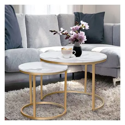 (Gold) Round coffee table, nesting table with gold metal frame legs and white marble top, suitab