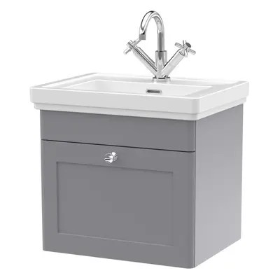 Traditional Wall Hung Drawer Vanity Unit with Tap Hole Fireclay Basin, 500mm - Satin Grey