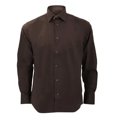 (14.5, Chocolate) Russell Collection Mens Long Sleeve Easy Care Fitted Shirt