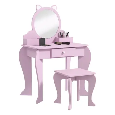 ZONEKIZ Kids Dressing Table, Cat Design w/ Mirror, Stool, Drawer, Storage Box