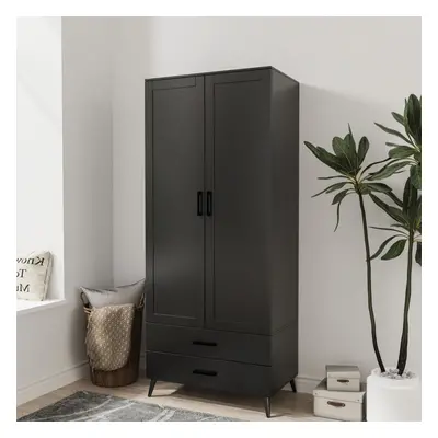 (Black) DEVON 180cm Modern Wardrobe Door Drawer Bedroom Storage with Hanging Rail