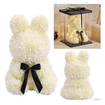 (Cream) LED Foam Rose Rabbit Bunny Artificial Flower Doll Wedding Birthday Gift With Box