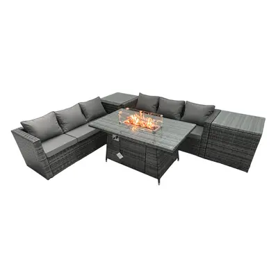 Fimous Rattan Garden Furniture Firepit Dining Set Seater Lounge Sofa Table Set with Side Tables