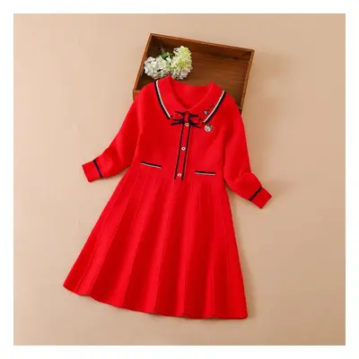 (coral red, 160) Girls Knitted Dress New Winter College Style Long Sleeve Fashion Dress For Kid