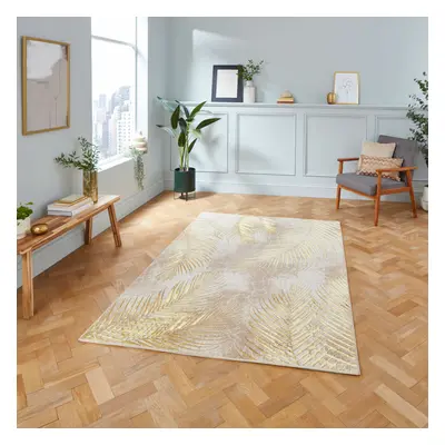 (Beige / Gold) Think Rugs Creation Fern Leaf High Density Pile Rug