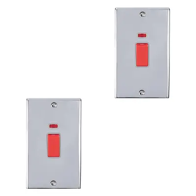 2 PACK Gang Double 45A DP Switch Neon - POLISHED CHROME & GREY Vertical Rocker