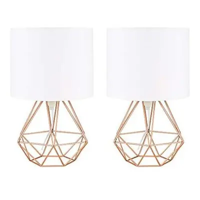 MiniSun Pair of Modern Copper Metal Basket Cage Style Table Lamps with White Fabric Shades - Com