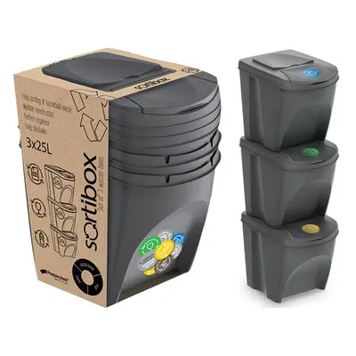 3 x 25L Recycle Bins Food Stackable Waste Recycling Kitchen Garden Dustbin Lids