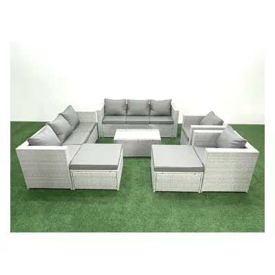 Fimous Outdoor Rattan Sofa Garden Furniture Set with Armchairs Oblong Coffee Table Big Footstool