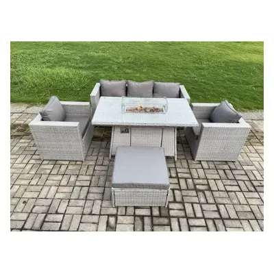 Fimous Outdoor PE Rattan Garden Furniture Gas Fire Pit Dining Table Armchairs With Big Footstool