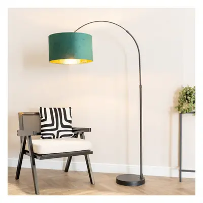 ValueLights Louis Green Velvet & Gold Shade Black Arched Floor Lamp