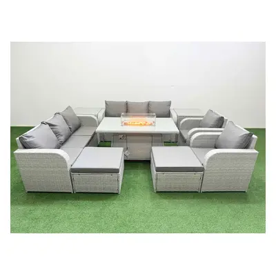 Fimous PE Rattan Set Patio Firepit Dining Table & Chairs Set with Seater Sofa Reclining Chair Bi