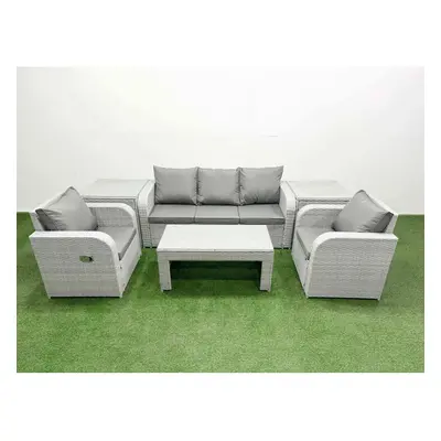 Fimous PE Rattan Garden Furniture Set Reclining Chair Sofa Lounge Sofa Set Side Table Light Grey