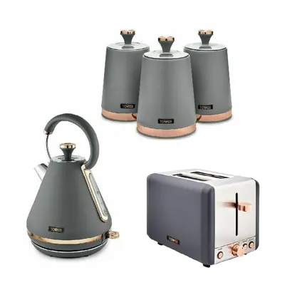 Tower Cavaletto 3kW Pyramid Kettle Slice Toaster, Canisters GREY & Rose Gold