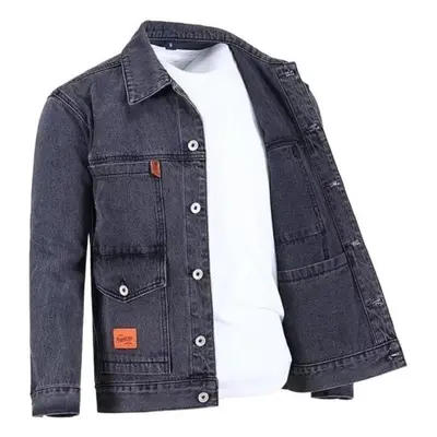 (grey, 3XL) Men Autumn Jacket Long Sleeves Thermal Buttons Pure Color Autumn Denim Jacket For Da