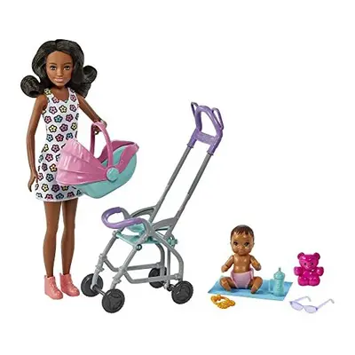 Barbie Skipper Babysitters Inc. Playset with Babysitter Doll (Curly Brunette Hair), Stroller, Ba