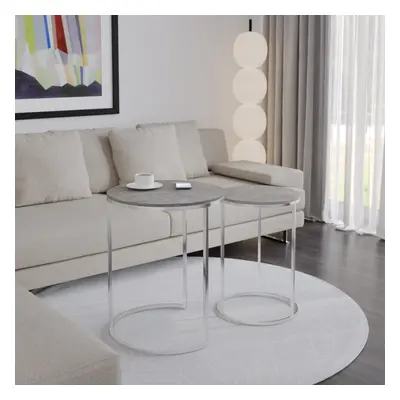 (Concrete Top with Chrome Legs) Pcs Round Nesting Stackable Sofa Side Bedside End Table Set Wood