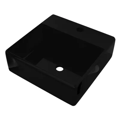 vidaXL Ceramic Bathroom Sink Basin Faucet /Overflow Hole Basin Black Square