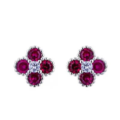 Jewelco London Rhodium Silver Red Round Brilliant CZ Bead Edge Clover Cluster Stud Earrings - AE