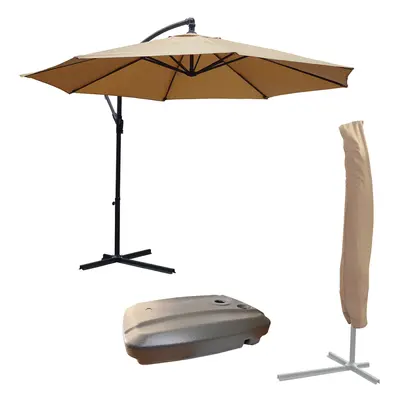 (Mocha Parasol with Cover) KCT 3m Garden Patio Cantilever Parasol With Base and Cover