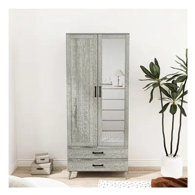 (Grey Ash Grey) 180cm Mirror Wardrobe Door Drawer Bedroom Clothes Storage Hanging Rail