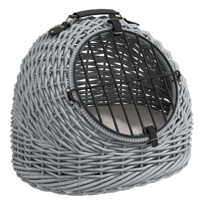 Wicker Cat Basket W/ Mat Handle Kitten Pussy Enclosed Bed Portable - Grey