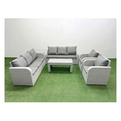 Fimous PE Rattan High Back Lounge Sofa Set Patio Oblong Coffee Table & Chairs Set with Side Tabl