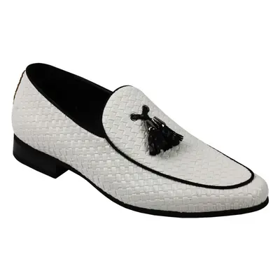 (43, White) Mens Vintage Woven Leather Lined Tassel Moccasin Loafers Retro Smart Casual Shoes