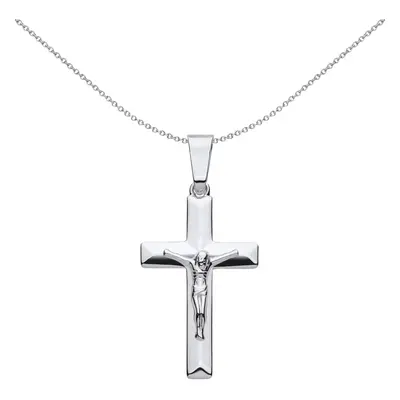 Jewelco London Unisex Rhodium Plated Sterling Silver Flat Prism Bevelled Crucifix Cross Pendant 