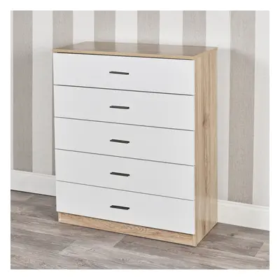 (Oak Carcass with White Drawers, 5) URBNLIVING Drawer Wooden Bedroom Chest Cabinet