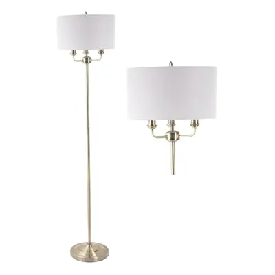 3 Light Antique Brass Floor Standard Light with Grey Fabric Shade