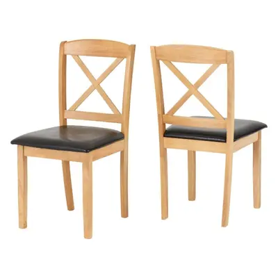 Mason Dining Chair Pair in Oak Varnish and Brown Faux Leather